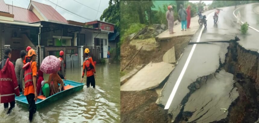 Evakuasi warga di Kota Makassar (kiri), dan ruas jalan bulu'dua (Barru-Soppeng) tepatnya tompo lemo-lemo alami longsor (kanan), (21/12/2024).